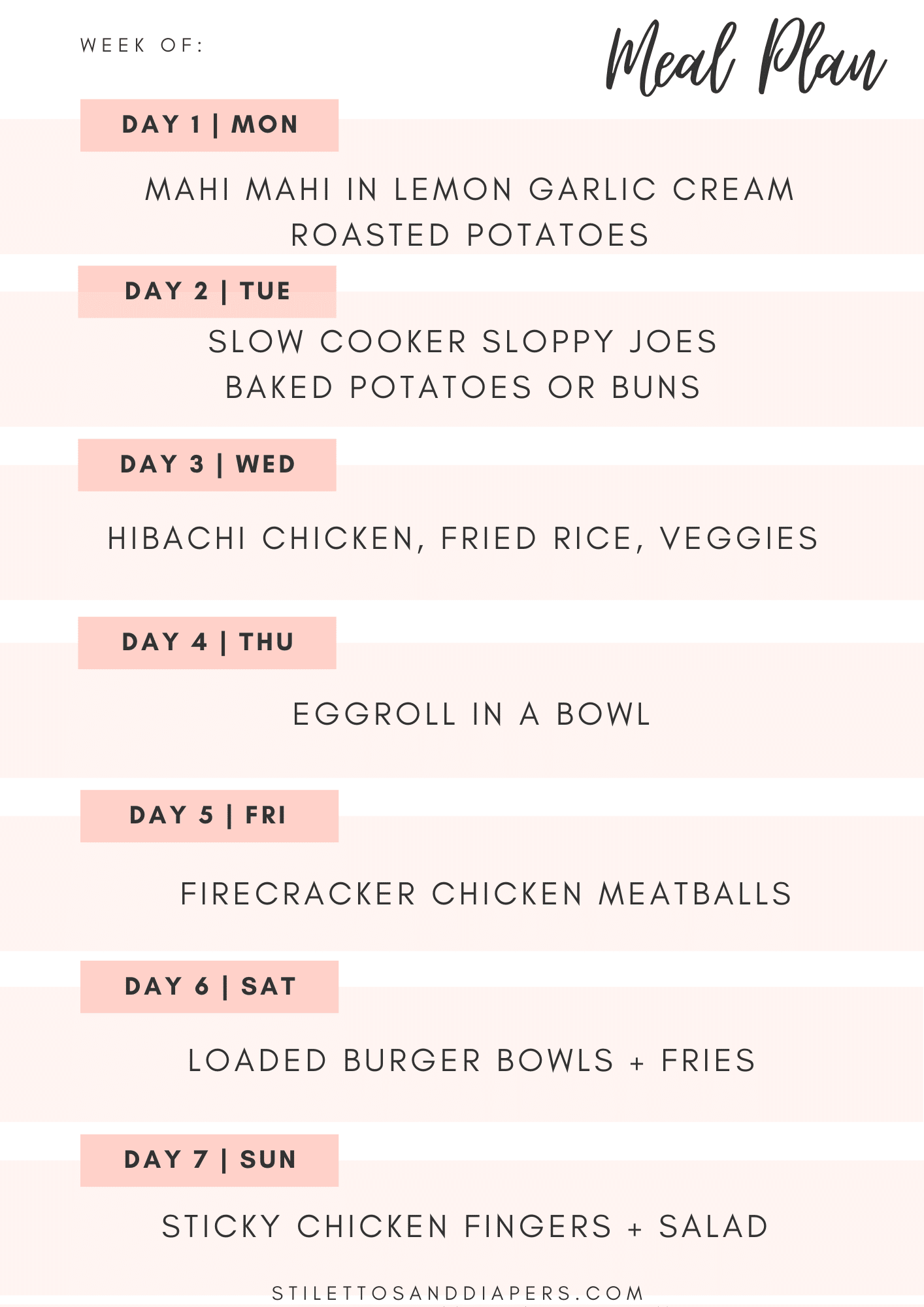 14 day meal plan, easy family meal plan, dinner ideas, stilettos and diapers