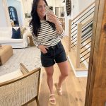 best denim shorts, black denim shorts, striped tee, spring style, Molly Wey, stilettos and diapers