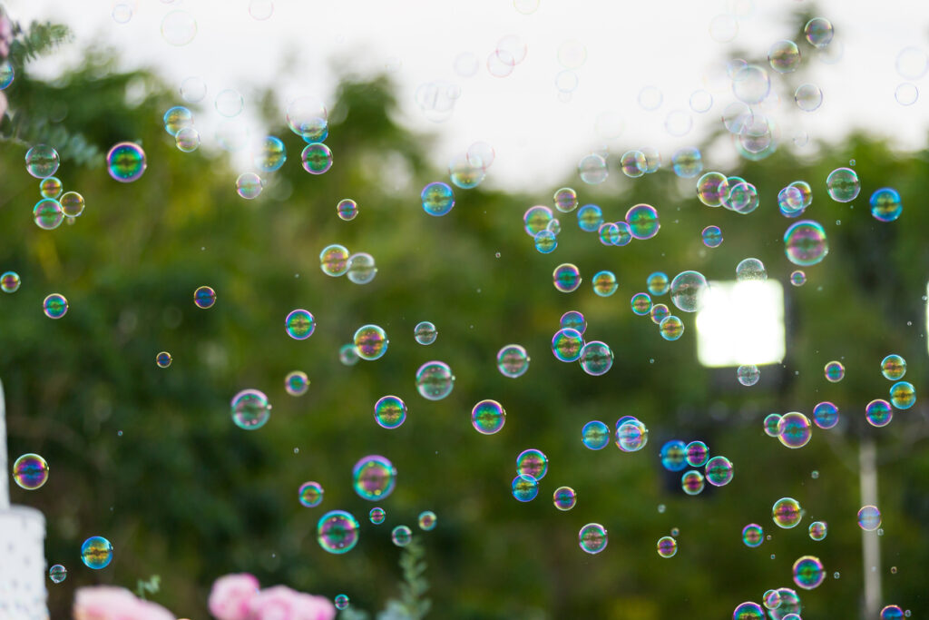 Soap bubbles blurred in the background. Blur bubble party